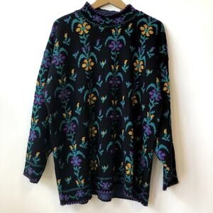 B.I. GEAR Sweater 80's Vintage Grandpa Style Floral Black Purple Women's L/XL